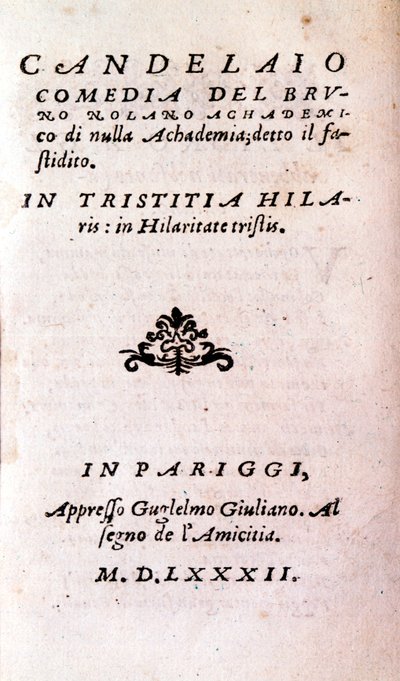 Frontispiz von „Il candelaio“ (Der Kerzenmacher) von Giordano Bruno (1546-1600), italienischer Philosoph und Theologe. 1582 von Unknown artist