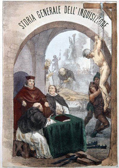 Frontispiz der Allgemeinen Geschichte der Inquisition von Pietro Tamburini mit einer Illustration, die Szenen der symbolischen Inquisition darstellt. Mailand 1850 von Unknown artist