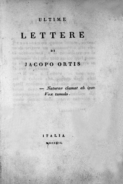 Frontispiz von „Die letzten Briefe von Jacopo Ortis“ von dem italienischen Dichter und Dramatiker Ugo Foscolo (1778-1827) 1802 von Unknown artist