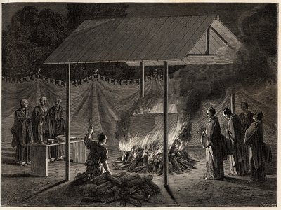 Beerdigungszeremonien: rituelle Einäscherung. Illustration der Reise nach Japan, 1863-1864, von Aime Humbert, Minister der Schweizerischen Eidgenossenschaft, in 