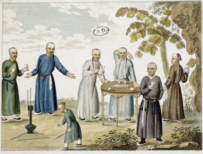 Spiele und Männer trinken Tee in China - s.d, grav. von Unknown artist