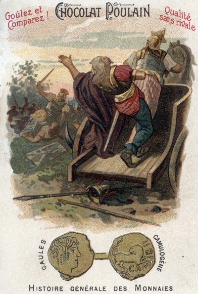 Gallier Aulerque: Schlacht von Lutetia zwischen Camulogene und Labienus im Jahr 53 v. Chr. In Allgemeine Geschichte der Münzen. Schokoladen-Fohlen-Chromolithographie aus dem späten 19. Jahrhundert. Private Sammlung. von Unknown artist