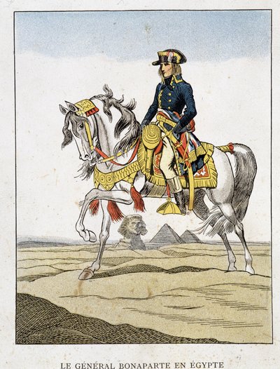 General Bonaparte in Ägypten, ein Porträt vor den Pyramiden und der Sphinx reitend. von Unknown artist