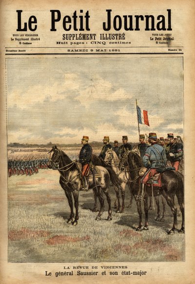 General Felix Gustave (Felix-Gustave) Saussier (1828-1905) und sein Stab überprüften die Truppen in Vincennes. Gravur in „Le petit journal illustrious“ 09/05/1891. Sammlung Selva. von Unknown artist