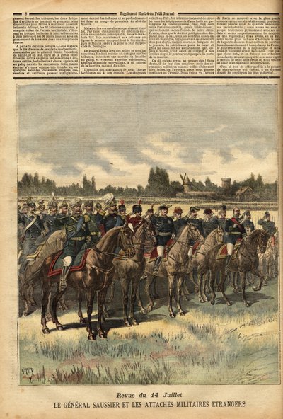 General Felix Gustave Saussier (1828-1905), Militärgouverneur von Paris seit 1884, umgeben von ausländischen Militärs, überprüft die Truppen während der Parade am 14. Juli 1891 in der Ebene des Bois de Boulogne. Gravur in „Le petit journal“ von Unknown artist