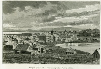 Gesamtansicht von Reykjavik. Gravur zur Illustration der Geschichte Die neue Expedition von Professor Nils Adolf Erik (Eric) Baron Nordenskjöld (Nordenskiöld) (1832-1901) in Grönland, von Charles Rabot, in Le Tour du monde 1886, unter der Leitung von Edoua von Unknown artist