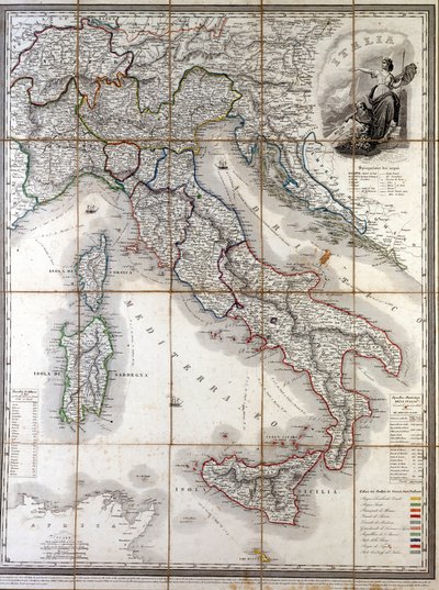 Geografische Karte Italiens von 1850 mit der Abgrenzung der Grenzen der verschiedenen Staaten, die das Land vor dem Risorgimento bildeten. von Unknown artist