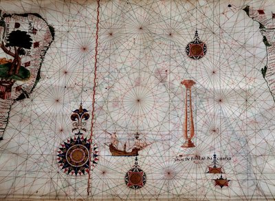 Geographie: Detail einer Navigationskarte von Luis Lazare, die die Inseln des Tristan da Cunha Archipels und die Karavelle des gleichnamigen Entdeckers darstellt von Unknown artist
