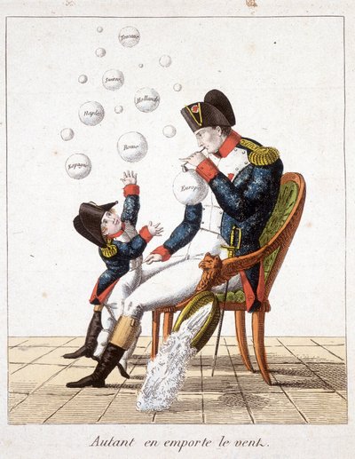 Vom Winde verweht: Napoleon macht Seifenblasen aus der Toskana, der Schweiz, Holland, Neapel, Rom, Spanien und Europa - in „Napoleon 1., Karikaturen, Dummysammlung“, ca. 1814 von Unknown artist