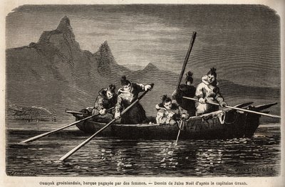 Grönland Umyak, eine Art Boot, das von Frauen betrieben wird. Illustration der Reise zum freien Meer des arktischen Pols, von Doktor Hayes, Chirurg der US-Marine, 1860-1862, veröffentlicht in "Le tour du monde, nouveau journal des voyages", herausgegeben v von Unknown artist