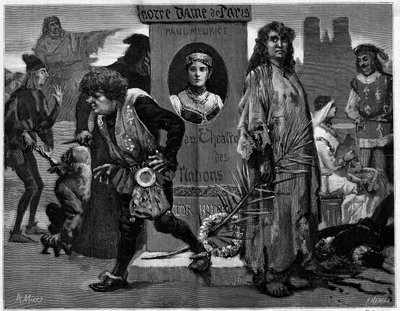 Gringoire, Quasimodo, La Esmeralda, La Sachette und Phoebus. Hauptfiguren im Theaterstück „Notre Dame de Paris“, Drama von Paul Meurice (1912-1979) nach Victor Hugo (1802-1885), aufgeführt im Theatre des Nations. Gravur in „Le Monde illustré“ von Unknown artist