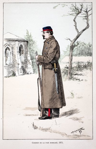 Friedenswächter mobilisiert (1871). Farbradierung zur Illustration „Histoire du corps des gardiens de la paix“ Buch veröffentlicht unter der Schirmherrschaft von Louis Lepine (1846-1933) Polizeipräfekt der Seine, von Alfred Rey (1864-?) und Louis Feron (18 von Unknown artist