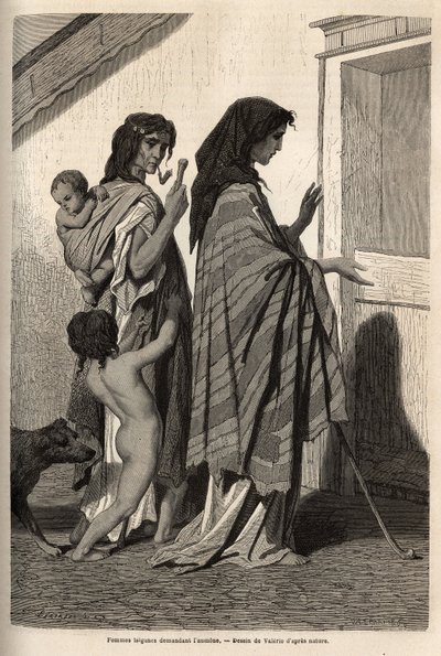 Zigeunerfrauen und -kinder, in Lumpen oder halb nackt, die von Tür zu Tür Almosen in Essek (Donau-Becken) erbitten. Gravur zur Illustration der Reiseerinnerungen unter den südlichen Slawen, von Georges Perrot, 1868, veröffentlicht in „Le tour du monde“ 187 von Unknown artist