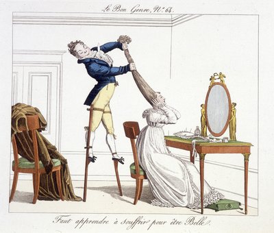 Frisiersitzung: lernen, wie man leidet, um schön zu sein - in „Le Bon Genre“, Anfang 19. Jahrhundert von Unknown artist