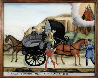 Hängend zwischen zwei Karren und der Sturz eines Passagiers - Glasmalerei, Ex-voto von Notre Dame de Laghet von Unknown artist