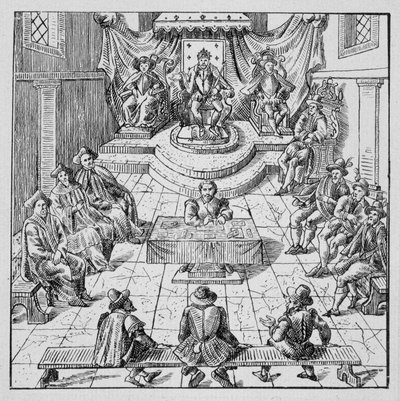 Heinrich III. (1551 - 1589) hält die Generalstände in Blois im Jahr 1576 - in „Sammlung von 39 Figuren, die die Katastrophen Frankreichs von 1562 bis 1586 darstellen“; Louis Perrin Druckerei von Unknown artist