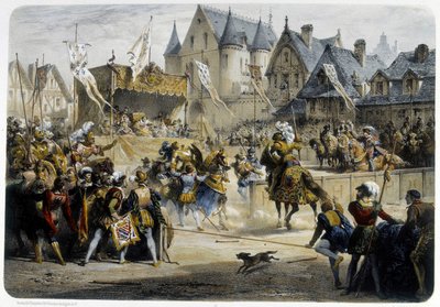 Henri II (1519 - 1559) tödlich verwundet von Montgomery während des Turniers am 29. Juni 1559, Rue St Antoine, vor dem Palais des Tournelles - Lithographie von Unknown artist