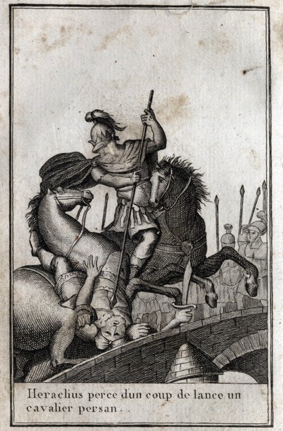 Heraklius I. (ca. 575-610/641), byzantinischer Kaiser, spießt einen persischen Reiter auf (Krieg gegen die Perser), 7. Jahrhundert. Gravur in „Beaute de l