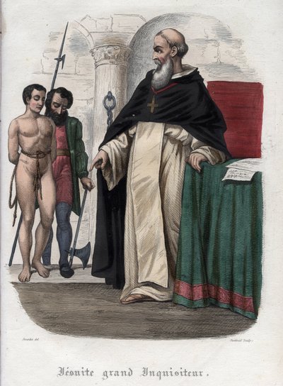 Ketzerischer Gefangener und Jesuiten-Großinquisitor zur Zeit von Papst Clemens VIII. (1592-1605). Gravur von 1842 in „Histoire des popes“ von Maurice Lachatre. Private Sammlung. von Unknown artist