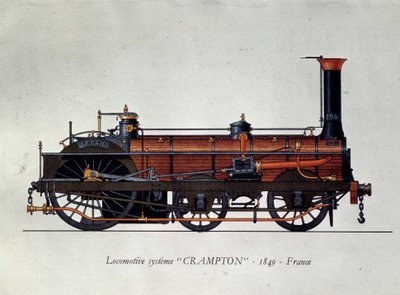 Geschichte des Transports: Lokomotivmodell, Crampton-System benannt nach Thomas Russell Crampton (1816-1888), britischer Ingenieur: Er schuf eine Hochgeschwindigkeitslokomotive. Gravur von 1849 Paris, Decorative Arts von Unknown artist