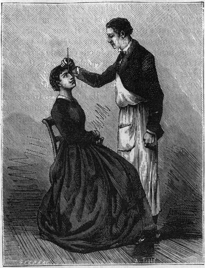Hypnosephänomene: Hypnose durch Fixieren eines Bleistifthalters zwischen den Augen. Gravur von 1881. von Unknown artist