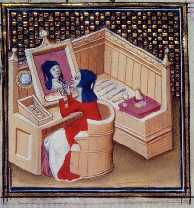Iaia (Marcia de Cyzique), eine römische Malerin, malt ihr eigenes Miniaturporträt aus „De mulieribus claris“ von Giovanni Boccaccio von Unknown artist