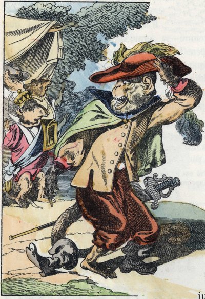 Illustration des Märchens „Der schreckliche Raminagrobis und die Mäuse“, Charakter aus Fabeln von Jean de la Fontaine. In „Tales from the home for the little ones“. Anonyme Gravur des 19. Jahrhunderts von Unknown artist