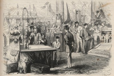 Kaiserlicher Prinz Eugene Louis Joseph (1856-1879) beim Fest von Fontainebleau. Er versucht, eine Puppe mit Hilfe eines an einer Schnur hängenden Balls zu treffen. Gravur in „The Universe illustrious“ von Unknown artist