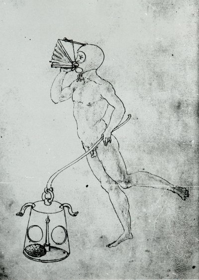 In einem Band von Francesco di Giorgio erscheint diese Zeichnung, die einen Blasebalg zum Atmen unter Wasser darstellt von Unknown artist