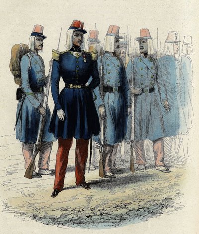 Infanterie der französischen Armee im Jahr 1830 in Algerien, Offizier, Unteroffiziere und Soldaten, in „L