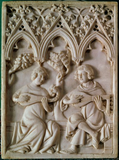 Elfenbeintafel, die zwei Musiker darstellt. 14. Jahrhundert. Paris, Nationalmuseum des Mittelalters, Thermes de Cluny von Unknown artist
