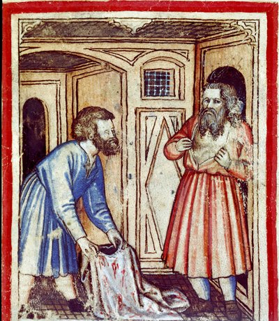 Jakob erfährt vom Tod seines Sohnes Joseph, der von seinen Brüdern an die Ägypter verkauft wurde. Miniatur aus Codex 212 (oder Padovano Codice oder Bibel von Padua) 1390-1400 von Unknown artist