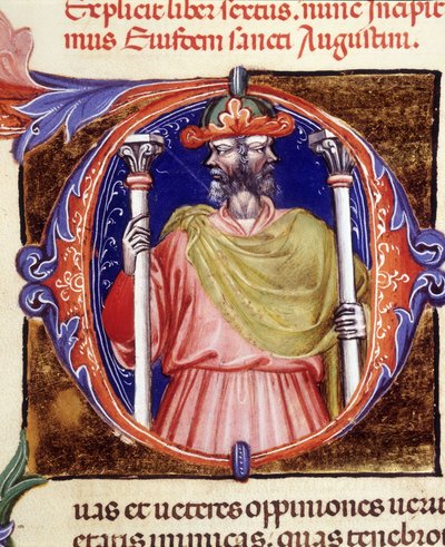 Janus, römische Gottheit, zwei entgegengesetzte Gesichter - aus einem Manuskript von „De civitate dei“ von Augustinus, frühes 15. Jahrhundert. Stadtbibliothek von Rimini von Unknown artist