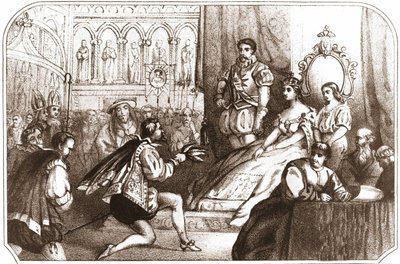 Jean Nicot präsentiert die Tabakpflanze Catherine de Medici und dem Großprior des Hauses Lothringen. Lithografie des 16. Jahrhunderts um 1868. von Unknown artist