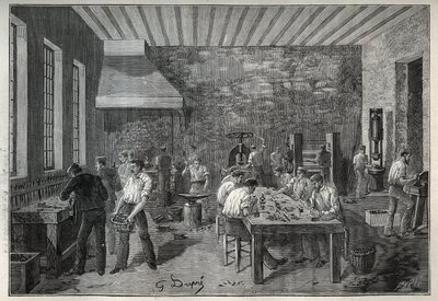 Schmuck: Stahl-Schmuckfabrik. Gravur von 1885 in „Les arts et métiers illustrés“ von Adolphe Bitard. von Unknown artist