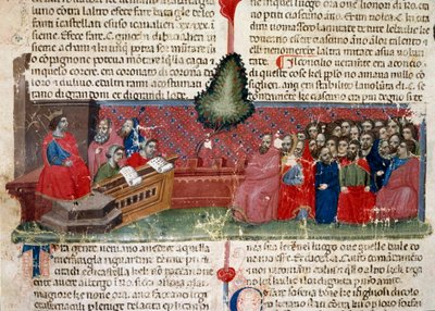 Julius Caesar (101-44 v. Chr.) auf dem Thron. Detail einer Manuskriptseite „Die Taten der Römer“ (Ms. 1538) um 1340. Florenz, Biblioteca Riccardiana von Unknown artist