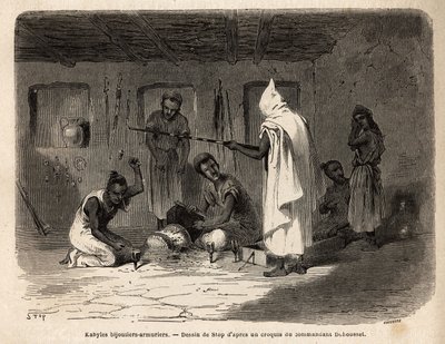Kabylische Handwerker, bekannt für ihre Fertigkeiten in der Schmuck- und Waffenherstellung (und früher in der Falschgeldherstellung) in der Region Djura (Algerien). Gravur zur Illustration des Ausflugs in die Große Kabilie, zwischen dem Mittelmeer und dem  von Unknown artist