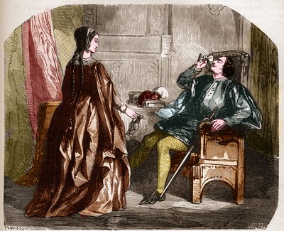 König Karl VI. von Frankreich, bekannt als Karl der Gute, dann Karl der Wahnsinnige (1368-1422) mit seiner Geliebten Odinette de Champdivers. Gravur in „Die Geschichte der Prostitution und Ausschweifung unter allen Völkern der Welt von der Antike bis zur.. von Unknown artist