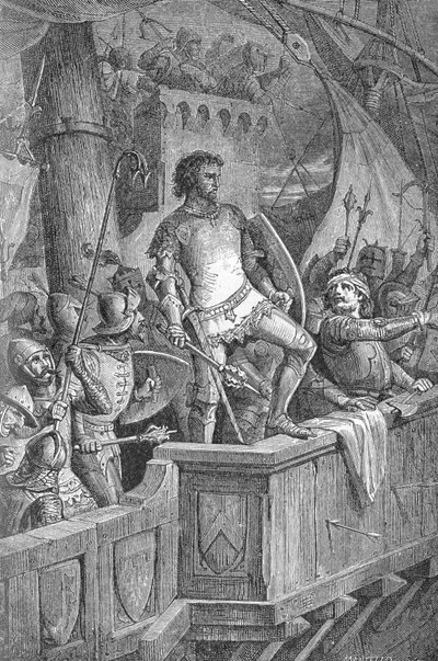 Knut der Große (Canut I) (994 oder 995-1035) - Knuts Männer auf der Londoner Brücke, unter Angriff von Olaf II. von Norwegen - Gravur in „Kaiser, König und Papst“ von Richard Roth von Unknown artist