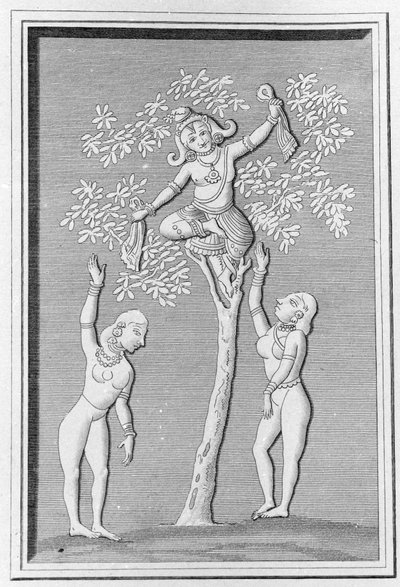 Krishna fliegt mit zwei Gopis. Gravur in „Ancient and Modern Monuments of Hindustan“ von L.M. Langles, Paris 1821 von Unknown artist