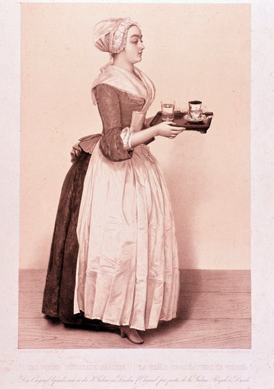 La Chocolatiere de Vienne: junge Magd mit einem Tablett und einer Tasse heißer Schokolade von Unknown artist