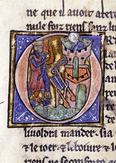 Lancelot auf der Spitze eines Turms. Manuskript: Eroberung des Heiligen Grals, geschrieben 717 Jahre nach der Passion unseres Herrn. Bibliothèque municipale de Rennes, ms. 255 (Sammlung von Romanen der Tafelrunde); Paris von Unknown artist