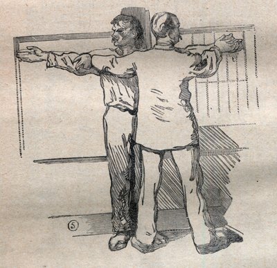 Die gerichtliche Anthropometrie oder Bertillonage, Methode von Alphonse Bertillon (1853-1914): Messung der großen Armkaliber - Gravur in „La Science française“ von Unknown artist