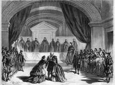 Letzte Szene des Theaterstücks „Galiläa“, ein Drama in drei Akten von François Ponsard, einem französischen Dichter und Dramatiker (1814-1867), aufgeführt im Théâtre Français in Paris. Gravur in „L