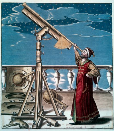 Der Astronom: Ein Mann beobachtet die Sterne durch das Teleskop von Unknown artist