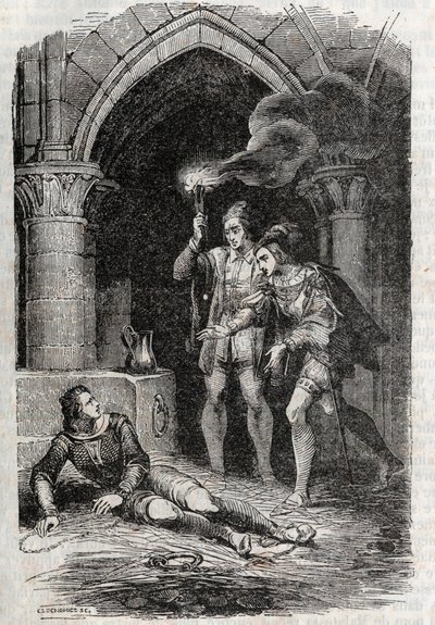 Leon (Leone) befreit Roger (Ruggero, Ruggiero) - Gravur von 1851 aus „Roland der Rasende“ (Orlando furioso) (16. Jahrhundert) von Ludovico Ariosto, bekannt als der Ariosta - Ausgabe, übersetzt aus dem Italienischen von Graf von Tressan und veröffentlicht v von Unknown artist