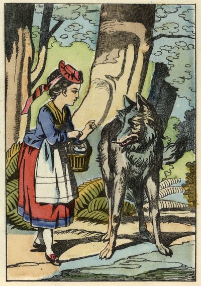 Rotkäppchen trifft den Wolf im Wald. Illustration des Märchens „Rotkäppchen“ von Charles Perrault von Unknown artist