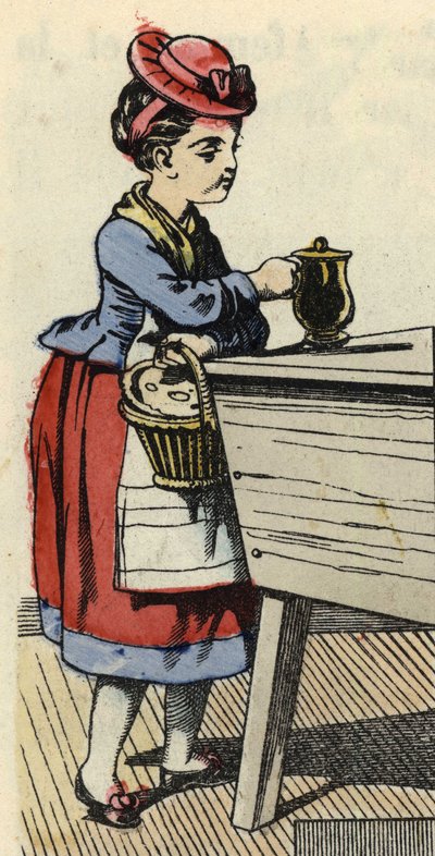 Rotkäppchen legt Essen für ihre Großmutter auf die Truhe. Illustration aus dem Märchen „Rotkäppchen“ von Charles Perrault von Unknown artist