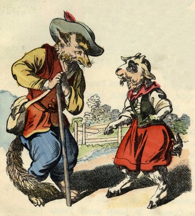 Das kleine Zicklein spricht mit Meister Fuchs. Illustration des Märchens „Bon Médor und das kleine Zicklein“. In „Märchen aus dem Heim für die Kleinen“. Anonyme Gravur des 19. Jahrhunderts. von Unknown artist