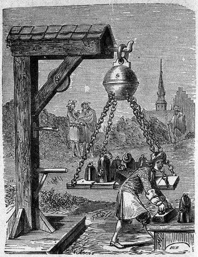 Beladung der aufgehängten Magdeburger Halbkugeln. Gravur aus „Ottonis de Guericke: Experimenta Nova Magdeburgica de vacuo spatio“ von Otto von Guericke von Unknown artist